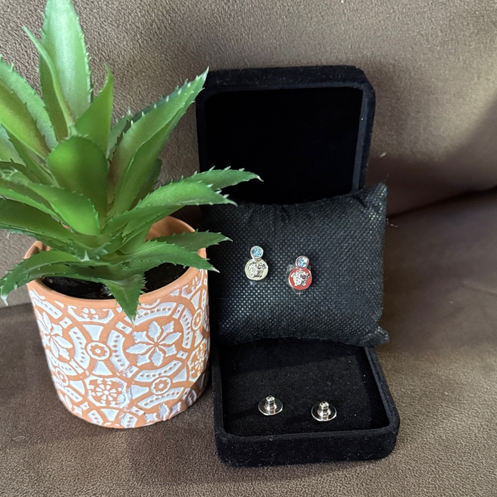 Versace Vintage Silver Medusa Blue Crystal Stud Pierced Earring